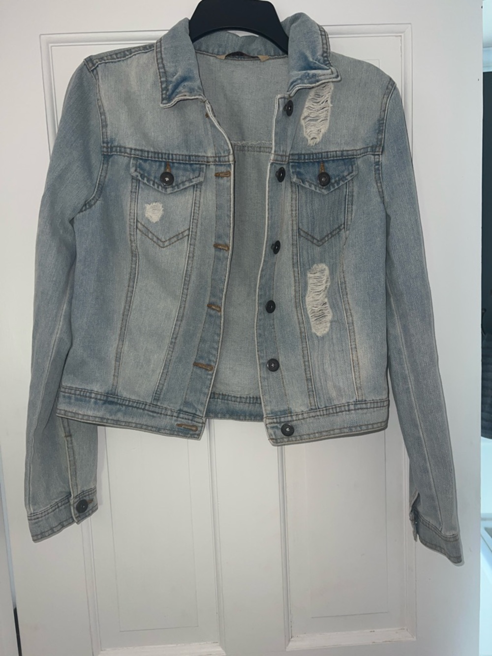 Women's Light Blue Distressed Denim Jacket - Casual Jean Jacket